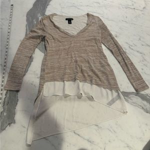 tan and white long sleeve comfy shirt with white under shirt. v-neck